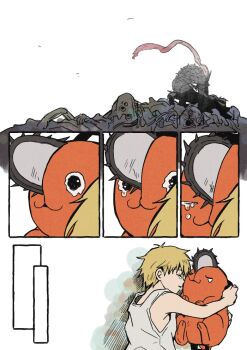 1boy 2others :3 blonde_hair chainsaw chainsaw_devil chainsaw_man closed_eyes corpse crying crying_with_eyes_open ddub1618 denji_(chainsaw_man) grey_tank_top hug lying multiple_others on_side pile_of_corpses pochita_(chainsaw_man) scarf short_hair simple_background squatting tank_top tearing_up tears white_background