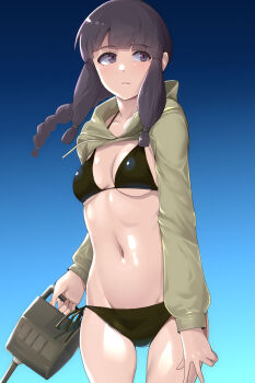 Rule 34 | 1girl, adapted turret, bikini, black bikini, black hair, blue background, blunt bangs, braid, breasts, commentary request, gradient background, grey shrug, hair ribbon, highres, hooded shrug, kantai collection, kitakami (kancolle), long hair, ribbon, shrug (clothing), side-tie bikini bottom, sideways glance, single braid, small breasts, solo, standing, swimsuit, tirasi (so), tress ribbon