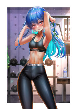 1girl absurdres armpits arms_up blue_hair blush bottle breasts breath earrings exercise_machine flat_chest green_ribbon grey_eyes gym hair_ornament hair_ribbon highres hololive hoshimachi_suisei indoors jagoo jewelry large_variant_set looking_at_viewer multicolored_hair pants plant ribbon small_breasts sports_bra sportswear star_(symbol) star_hair_ornament stomach sweat two-tone_hair variant_set virtual_youtuber water_bottle weights
