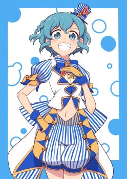 1girl bad_id bad_twitter_id blue_border blue_bow blue_bowtie blue_eyes blue_hair blue_shorts border bow bowtie braid cbgb commentary_request cowboy_shot dorothy_west gloves grin hand_on_own_hip hand_up hat highres idol_clothes image_sample jacket looking_at_viewer midriff mini_hat mini_top_hat pretty_series pripara puffy_short_sleeves puffy_sleeves short_hair short_sleeves shorts side_braid smile solo standing top_hat twitter_sample white_jacket