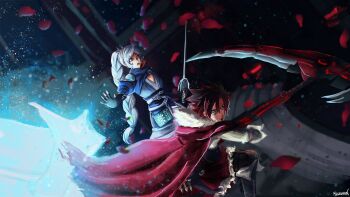 2girls absurdres ammunition_belt artist_name belt black_hair blue_dress blue_eyes book book_holster boots braid braided_ponytail cape crescent_rose dress falling_petals fingerless_gloves frilled_skirt frills gloves glowing gradient_hair grey_eyes highres holding holding_scythe holding_sword holding_weapon light_particles long_hair miku_(mikururun) multicolored_hair multiple_girls myrtenaster petals ponytail red_cape red_hair red_skirt rose_petals ruby_rose rwby scythe short_hair skirt sword thigh_boots tiara weapon white_hair