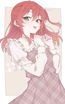 1girl blush bocchi_the_rock! border commentary dress e20 green_eyes hair_between_eyes hands_up highres kita_ikuyo long_hair long_sleeves looking_at_viewer open_mouth outside_border red_hair shirt sleeveless sleeveless_dress smile solo teeth upper_teeth_only white_border white_shirt