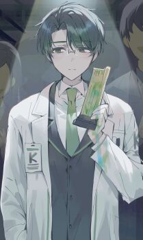 Rule 34 | 1boy, bad id, bad twitter id, black suit, closed mouth, coat, collared shirt, dongrang (project moon), formal clothes, glasses, green eyes, green hair, green necktie, hand in pocket, highres, holding, holding trophy, id card, inactive account, korean commentary, lab coat, light frown, limbus company, long sleeves, looking to the side, male focus, maratang, mole, mole on neck, necktie, parted bangs, people, project moon, shirt, short hair, spotlight, suit, trophy, upper body, white coat, white shirt