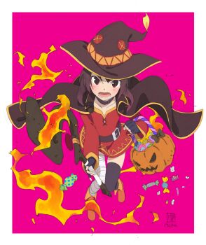 1girl bandaged_leg bandages black_hair black_thighhighs candy cape dress fingerless_gloves food gloves halloween halloween_bucket hat highres holding holding_staff jack-o&#039;-lantern kono_subarashii_sekai_ni_shukufuku_wo! long_hair looking_at_viewer megumin open_mouth red_dress solo staff taguchi_eri thighhighs witch_hat
