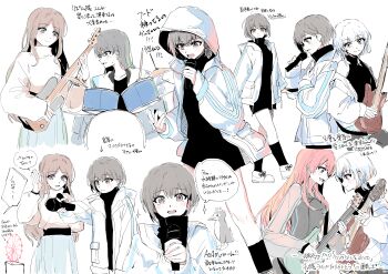 5girls absurdres bang_dream! bang_dream!_it&#039;s_mygo!!!!! bass_guitar bird black_shirt blue_eyes blue_skirt brown_hair chihaya_anon closed_mouth commentary_request drumsticks fang ferris_wheel grey_eyes grey_hair guitar heterochromia highres holding holding_drumsticks holding_microphone hood hood_up hooded_jacket instrument jacket kaname_raana long_hair long_sleeves looking_at_viewer microphone multiple_girls music mygo!!!!!_(bang_dream!) nagasaki_soyo open_mouth penguin pink_eyes pink_hair playing_bass_guitar playing_drum playing_guitar playing_instrument see-through_clothes see-through_sleeves shiina_taki shirt short_hair singing skin_fang skirt smile speech_bubble suudori sweat sweater takamatsu_tomori translation_request turtleneck turtleneck_sweater white_hair white_jacket white_sweater yellow_eyes