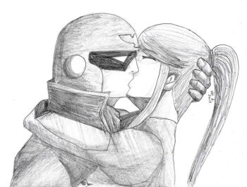 Rule 34 | 1boy, 1girl, bodysuit, captain falcon, collared jacket, f-zero, gloves, hand on another's head, helmet, hug, jacket, kiss, looking at another, metroid, nintendo, ponytail, samus aran, super smash bros., zero suit