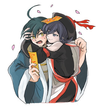 2boys ahoge alternate_costume arms_around_neck black_hair blush chinese_clothes clothes_pull commentary_request cosplay cropped_torso danganronpa_(series) danganronpa_v3:_killing_harmony eyelashes falling_petals flipped_hair hair_between_eyes hat hug jiangshi_costume long_sleeves male_focus mili_(band) multiple_boys ofuda ofuda_on_head oma_kokichi open_mouth petals purple_eyes purple_hair qc_(mili) qc_(mili)_(cosplay) qingdai_guanmao ruca_ni saihara_shuichi short_hair simple_background sleeves_past_wrists smile surprised sweatdrop talisman teeth upper_body white_background wide_sleeves yaoi yellow_eyes