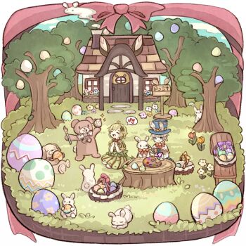 1boy 1girl :d animal basket bear blue_hat bow bowtie chigu closed_eyes closed_mouth cloud commentary_request day dog door dress easter_egg egg grass green_dress hat holding holding_paintbrush house mailbox_(incoming_mail) musical_note open_mouth original outdoors paintbrush purple_bow rabbit red_bow red_bowtie short_sleeves sitting smile spoken_musical_note tree