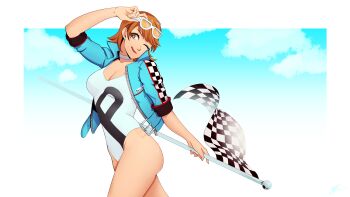 1girl absurdres arm_up ass blue_jacket blue_sky border breasts brown_eyes brown_hair checkered_flag choker cleavage closed_mouth cloud cloudy_sky commentary cowboy_shot eightyfourart english_commentary eyewear_on_head flag gradient_background highres holding holding_flag jacket leotard lips looking_at_viewer medium_breasts official_alternate_costume one-piece_swimsuit one_eye_closed open_clothes open_jacket outdoors outside_border paid_reward_available persona persona_3 persona_3:_dancing_moon_night persona_dancing race_queen short_hair sky solo sunglasses swimsuit takeba_yukari thighs tongue tongue_out white-framed_eyewear white_border white_choker white_leotard