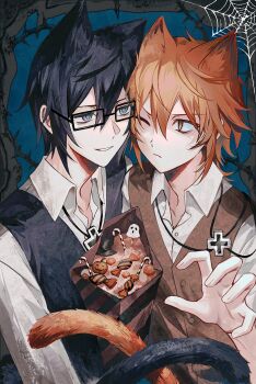 2boys animal_ears black_hair black_tail blue_eyes cat_boy cat_ears cat_tail closed_mouth collared_shirt eye_contact fushimi_saruhiko highres ilangasa k-project looking_at_another looking_at_viewer male_focus multiple_boys one_eye_closed orange_hair orange_tail parted_lips rectangular_eyewear shirt smile tail teeth upper_body white_shirt yata_misaki