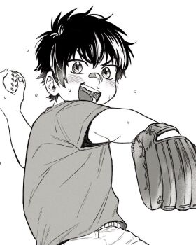1boy ace_of_diamond aged_down aziki_0708 ball bandaid bandaid_on_face bandaid_on_nose baseball_(object) baseball_glove blush child commentary_request holding holding_ball male_focus open_mouth sawamura_eijun shirt short_hair simple_background solo white_background