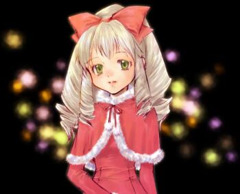 1girl bad_id black_background bow capelet christmas commentary_request drill_hair fur-trimmed_capelet fur_trim green_eyes grey_hair hair_bow long_hair maria_balthasar pom_pom_(clothes) red_bow red_capelet red_ribbon ribbon saikachi_(ogre_tree) solo xenogears