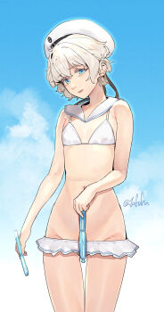 1girl absurdres bikini bikini_skirt blonde_hair blue_eyes blush breasts clothes_writing commentary_request day fuwafuwatoufu grey_hair hat highres kantai_collection looking_at_viewer navel outdoors sailor_bikini sailor_collar sailor_hat short_hair solo swimsuit twitter_username white_bikini white_hat white_sailor_collar z1_leberecht_maass_(kancolle) z1_leberecht_maass_(swimsuit)_(kancolle)