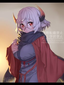 Rule 34 | 1girl, black scarf, blush, breasts, earrings, glasses, grey hair, grey kimono, highres, horns, japanese clothes, jewelry, kimono, large breasts, layered kimono, long sleeves, looking at viewer, obi, onsoku inu, original, pointy ears, red eyes, red kimono, sash, scarf, short hair, solo, wide sleeves