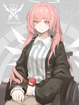 Rule 34 | 1girl, arknights, black jacket, character doll, closed mouth, collared shirt, commentary request, detached wings, doll, exusiai (arknights), facial mark, grey background, halo, highres, jacket, laterano logo, lemuen (arknights), long hair, long sleeves, looking at viewer, partial commentary, pink eyes, pink hair, pon2023, shirt, sitting, smile, solo, striped clothes, striped shirt, traditional halo, vertical-striped clothes, vertical-striped shirt, wheelchair, white halo, white shirt, wings