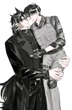 2boys 8d2suga9 animal_ears black_coat black_eyes black_gloves black_hair carrying carrying_person coat collared_shirt fingerless_gloves furry gloves grey_shirt hand_on_another&#039;s_face hand_on_another&#039;s_leg highres kemonomimi_mode kim_dokja looking_at_another looking_at_viewer male_focus multiple_boys omniscient_reader&#039;s_viewpoint shirt short_hair tail vest wolf_ears wolf_tail yoo_joonghyuk