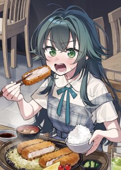 1girl absurdres blue_ribbon blush bowl chair chopsticks commentary_request cup dress eating food fruit gakuen_idolmaster green_eyes green_hair grey_dress hair_between_eyes highres holding holding_bowl holding_chopsticks holding_food idolmaster indoors katsu_(food) kurihara_sakura lemon lemon_slice long_hair miso_soup neck_ribbon off_shoulder on_chair open_mouth plaid_clothes plaid_dress ribbon rice_bowl shirt shredded_cabbage sitting solo sweat tomato tsukimura_temari very_long_hair white_shirt