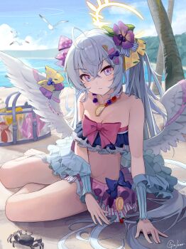 Rule 34 | 1girl, absurdres, angel wings, azusa (blue archive), azusa (swimsuit) (blue archive), bare shoulders, beach, bead necklace, beads, bikini, bikini skirt, blue archive, bow on wing, breasts, cloud, commentary request, crab, feathered wings, flower, food-themed hair ornament, frills, ginlear, hair between eyes, hair flower, hair ornament, halo, highres, jewelry, long hair, looking at viewer, low wings, multicolored bikini, necklace, ocean, official alternate costume, outdoors, palm tree, pink eyes, purple eyes, purple flower, ribbon, ribbon-trimmed swimsuit, ribbon trim, ruffle bikini, sand, sky, small breasts, solo, strapless, strapless bikini, swimsuit, thighs, tree, water, watermelon hair ornament, white hair, white wings, wings