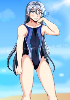 Rule 34 | 1boy, beach, blue one-piece swimsuit, blush, commission, crossdressing, crossdressing (mtf), eiyuu densetsu, grey eyes, highres, kuro skyline - kurome, kurt vander, long hair, one-piece swimsuit, sen no kiseki, sen no kiseki (series), sen no kiseki iii, swimsuit, vgen commission