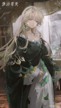 1girl absurdres beryl_bouanich black_cloak blue_eyes breasts cleavage cloak copyright_name copyright_notice crescent crescent_earrings display_case dress earrings floating_earrings grey_hair highres indoors jewelry logo long_hair looking_at_viewer official_art official_wallpaper reverse:1999 smile solo upper_body white_dress