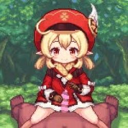 1boy 1girl age_difference animated blonde_hair blush breasts censored chibi clipping closed_mouth clothed_female_nude_male clover_print cum cum_in_pussy dress drooling elf erection female_ejaculation female_focus female_orgasm forest genshin_impact happy happy_sex hat klee_(genshin_impact) loli looking_at_penis looking_at_viewer medium_hair nature nipples nude open_mouth orgasm pixel_art pointy_ears pussy pussyjob red_dress red_eyes sb_(coco1) sex sitting sitting_on_person small_breasts smile spread_legs tagme tears tongue vaginal video
