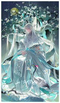 1boy absurdres animal blue_eyes blue_ribbon border chinese_clothes closed_mouth eyelashes fengjian_yuzhi fingernails flower full_body full_moon gem hair_ornament hair_stick hanfu highres incredibly_absurdres jewelry long_hair long_sleeves looking_down moon necklace night night_sky original outdoors parted_bangs pearl_(gemstone) pearl_necklace ribbon sidelocks sitting sky snake solo tree very_long_hair watermark white_border white_flower white_hair white_hanfu white_snake