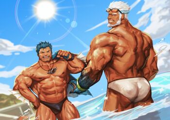 Rule 34 | 2boys, abs, absurdres, aegir (housamo), alternate costume, aqua hair, ass, bara, bare pectorals, beach, beard, black male swimwear, black swim briefs, blue eyes, bulge, cowboy shot, dark-skinned male, dark skin, day, eyewear on head, facial hair, fins, from behind, gluteal fold, highres, jewelry, large pectorals, lens flare, male focus, male swimwear, multicolored hair, multiple boys, muscular, muscular male, navel, necklace, nipples, outdoors, partially submerged, pectorals, sharp teeth, shell, shell necklace, short hair, stomach, streaked hair, stubble, sunglasses, sunlight, swim briefs, swimsuit, teeth, thick thighs, thighs, tokyo houkago summoners, topless male, traver009, triton (housamo), water, white hair, white male swimwear, white swim briefs