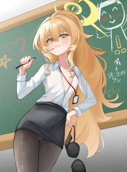 1girl absurdres alternate_costume alternate_hairstyle black_pantyhose black_skirt blonde_hair blue_archive blush bra closed_mouth fluffy_hair green_eyes green_halo hair_between_eyes halo hand_on_own_hip highres holding holding_bra holding_pointer holding_underwear holding_unworn_clothes id_card long_hair looking_at_viewer no_bra panties panties_under_pantyhose pantyhose pointer ponytail professor_niyaniya_(blue_archive) professor_niyaniya_(teacher)_(blue_archive) shirt sidelocks skirt smile solo taeman underwear white_shirt