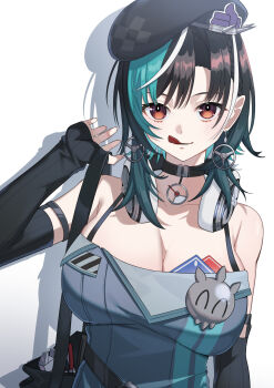 Rule 34 | 1girl, absurdres, bag, bare shoulders, beret, black choker, black hair, black hat, breasts, choker, cleavage, commentary request, detached sleeves, dress, eyelashes, green hair, hat, highres, hololive, hololive dev is, large breasts, licking, light smile, long hair, looking at viewer, multicolored hair, official alternate costume, red eyes, rindo chihaya, rindo chihaya (holonatsu paradise), shadow, shoulder bag, simple background, sleeveless, sleeveless dress, solo, spaghetti strap, streaked hair, tongue, upper body, virtual youtuber, white background, white hair, yonezaki yuu