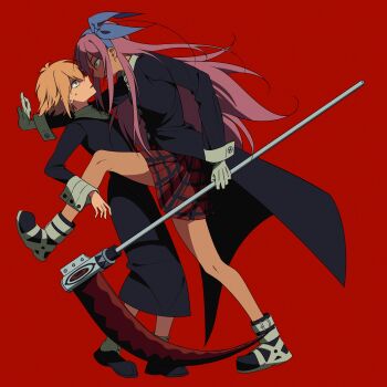 1boy 1girl absurdres antenna_hair aubrey_(faraway)_(omori) aubrey_(omori) basil_(faraway)_(omori) basil_(omori) black_shoes blonde_hair blue_eyes blue_hairband commentary_request cosplay crona_(soul_eater) diagonal-striped_clothes diagonal-striped_necktie gloves hair_between_eyes hairband highres holding holding_scythe korean_commentary leg_up long_hair long_sidelocks long_sleeves looking_at_another maka_albarn maka_albarn_(cosplay) necktie omori open_mouth parted_lips pleated_skirt red_background red_skirt school_uniform scythe shoes short_hair sidelocks simple_background skirt sneakers soul_eater striped_clothes sweatdrop torete_(70re7e) white_gloves