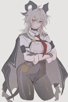 1girl armband black_armband black_choker black_gloves black_horns breasts button_gap chest_harness choker collared_shirt commentary_request crossed_arms earrings expressionless gloves grey_background hair_between_eyes harness high-waist_pants highres horns jewelry necktie pants quilted_cape red_eyes red_necktie root_(050710root) shirt simple_background sleeves_rolled_up solo tight_clothes tight_pants white_hair white_shirt wuthering_waves zani_(wuthering_waves)