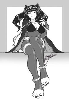 Rule 34 | 1girl, anklet, barefoot, black hair, black nails, bodystocking, breasts, cape, cleavage, feet, fire emblem, foot focus, from below, headdress, jewelry, long hair, looking at viewer, monochrome, murmurlilies, nail polish, nintendo, smile, solo, stirrup legwear, tharja (fire emblem), toeless legwear, toenail polish, toenails