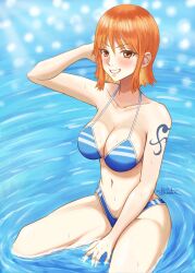 Rule 34 | 1girl, arm up, bare shoulders, bikini, blue bikini, blush, breasts, cleavage, collarbone, commentary, english commentary, feet out of frame, grin, hair between eyes, halterneck, highleg, highleg bikini, highres, jedbanner, large breasts, looking at viewer, nami (one piece), navel, one piece, orange eyes, orange hair, parted lips, partially submerged, short hair, shoulder tattoo, sidelocks, signature, sitting, smile, solo, stomach, sweatdrop, swimsuit, tattoo, teeth, water, wet