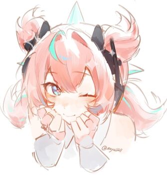 +_+ 1girl aria_(zenless_zone_zero) blue_eyes hands_on_own_face hashtag-only_commentary headphones moyu0211 one_eye_closed pink_hair portrait smile twintails twitter_username white_background zenless_zone_zero