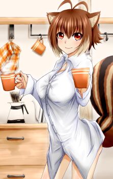 1girl animal_ears antenna_hair blazblue blush breasts brown_hair bursting_breasts chukachuka coffee coffee_pot cowboy_shot cup disposable_cup female_focus highres hot_drink large_breasts long_sleeves looking_at_viewer makoto_nanaya mug multicolored_hair naked_shirt orange_eyes shirt short_hair smile solo squirrel_ears squirrel_tail steam tail two-tone_hair unbuttoned unbuttoned_shirt white_shirt