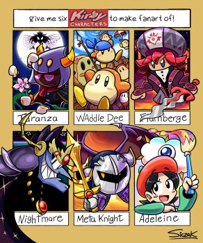 3girls adeleine armor bandana bandana_waddle_dee bat_wings beret black_hair blue_bandana blush_stickers flamberge_(kirby) flower galaxia_(sword) hat highres holding holding_flower holding_paintbrush holding_sword holding_weapon horns kirby&#039;s_adventure kirby_star_allies kirby:_triple_deluxe kirby_(series) kracko meta_knight multiple_drawing_challenge multiple_girls nightmare_(kirby) nintendo paintbrush pauldrons queen_sectonia red_hair sailor_hat sailor_waddle_dee sharp_teeth shoulder_armor siczak signature six_fanarts_challenge sunglasses sword taranza teeth waddle_dee wapod weapon wings yellow_eyes