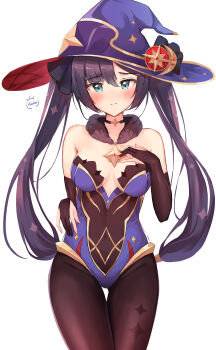 1girl absurdres aqua_eyes artist_name asymmetrical_bangs bare_shoulders black_choker black_gloves black_pantyhose blue_hat blush breasts choker cleavage closed_mouth commentary_request cowboy_shot detached_collar elbow_gloves embarrassed fur_collar fur_trim genshin_impact gloves hair_between_eyes hair_ornament hand_on_own_chest hand_on_own_hip hat hat_ornament hiaoba highres jewelry legs_together leotard long_hair looking_at_viewer low-tied_long_hair medium_breasts mona_(genshin_impact) navel nipples pantyhose parted_bangs partially_fingerless_gloves pendant print_pantyhose purple_hat purple_leotard raised_eyebrows signature simple_background solo standing star_(symbol) star_choker star_hat_ornament star_print straight_hair strapless strapless_leotard thighs twintails very_long_hair white_background witch_hat