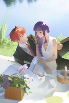 1boy 1girl absurdres arm_around_shoulder bare_shoulders black_hair black_jacket black_pants black_suit blunt_bangs book braid breasts collared_shirt couple dress fern_(sousou_no_frieren) flower flower_basket formal_clothes grass hair_between_eyes hair_over_shoulder half-closed_eyes hetero highres holding holding_book ikachyu jacket light_smile long_dress long_hair looking_at_another medium_breasts multicolored_hair necktie open_book outdoors pants picnic picnic_basket purple_flower purple_hair red_hair red_necktie shirt short_hair sidelocks single_braid sitting sleeveless sleeveless_dress sousou_no_frieren stark_(sousou_no_frieren) suit suit_jacket two-tone_hair water white_dress white_shirt