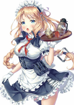 1girl apron bad_id bad_pixiv_id bag bands blonde_hair blue_eyes blush braid braided_bangs braided_ponytail breasts clothes_lift coffee_pot cup disposable_cup dress female_focus floating_hair g36_(girls'_frontline) girls'_frontline gloves hair_between_eyes hair_ornament hair_tie highres holding holding_tray jacket kerchief long_hair looking_at_viewer maid maid_apron maid_headdress medium_breasts mug open_mouth red_neckwear satchel short_sleeves sidelocks single_braid single_thighhigh skirt skirt_lift smile solo thighhighs thighs tray underbust very_long_hair white_gloves xi_zhujia_de_rbq