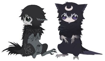 :< :o baby black_feathers black_fur black_tail body_fur closed_mouth commentary creature creature_focus crescent crescent_facial_mark english_commentary facial_mark feathers full_body green_eyes grey_feathers jejejunum nethermare original purple_eyes simple_background sitting spotted_feathers spotted_fur whisper_(jejejunum) white_background wither_(jejejunum)