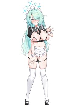 1girl alternate_costume alternate_hairstyle apron aqua_eyes aqua_hair black_bow black_shoes blue_archive blush bow bra breastless_clothes commentary_request cupless_bra dusu_(htkj) full_body hair_ornament hair_over_one_eye hairclip halo highres hiyori_(blue_archive) inverted_nipples long_hair looking_at_viewer maid maid_apron maid_headdress navel panties panty_pull shoes solo stomach thighhighs unconventional_maid underwear waist_apron white_apron white_thighhighs white_wrist_cuffs wrist_cuffs