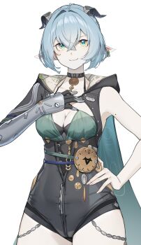 1girl black_horns blue_cape blue_hair breasts cape cleavage closed_mouth fingernails hair_between_eyes hand_on_own_chest hand_on_own_hip highres horns looking_at_viewer lucia_elowen medium_breasts mole mole_on_arm pero_(peroneko0510) pointy_ears simple_background smile solo white_background yellow_eyes zenless_zone_zero