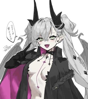 1girl black_cloak black_hands blush body_markings breasts choker cloak colored_extremities commentary_request crossed_bangs demon_girl demon_horns demon_wings ear_piercing fate/grand_order fate_(series) green_eyes grey_hair hair_between_eyes horns lilith_(fate) lilith_(second_ascension)_(fate) long_hair looking_at_viewer medium_breasts navel open_mouth piercing pointy_ears ppps smile solo speech_bubble translation_request twintails very_long_hair wings