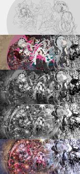 2girls absurdres black_boots black_bow black_gloves black_hairband black_jacket black_panties blue_eyes boots bow breasts candlestand carlotta_(wuthering_waves) commentary dark_persona dress dual_persona earrings flower gloves grey_hair hair_bow hairband head_rest high_heel_boots high_heels highres jacket jewelry long_hair looking_at_viewer making-of medium_breasts multiple_girls panties parted_bangs parted_lips pink_bow pink_flower pink_hairband pink_jacket pink_petals pink_rose pink_thighhighs rose smile thigh_boots thighhighs thighhighs_under_boots thighs underwear very_long_hair white_dress wu_yu_wuyu wuthering_waves