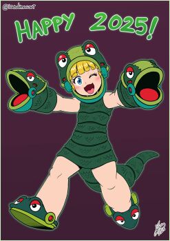 1girl 2025 blonde_hair blue_eyes cosplay full_body happy_new_year highres looking_at_viewer mega_man_(classic) mega_man_3 new_year one_eye_closed open_mouth robot_girl roll_(mega_man) snake_man wink