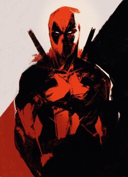 1boy bodysuit commentary deadpool deadpool_(series) english_commentary highres kannoaki limited_palette male_focus marvel mask no_pupils solo sword sword_on_back upper_body weapon weapon_on_back