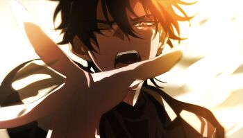 1boy black_hair black_jacket black_shirt brown_eyes cheng_xiaoshi foooo_goo hair_between_eyes hand_up highres jacket looking_at_viewer male_focus multicolored_jacket one_eye_closed open_hand open_mouth outstretched_arm outstretched_hand reaching reaching_towards_viewer shiguang_dailiren shirt simple_background solo teeth thick_eyebrows upper_body white_background white_jacket yellow_eyes