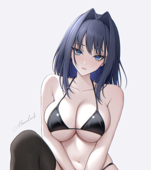 1girl absurdres bare_shoulders bikini blue_eyes blue_hair blush breasts breasts_squeezed_together earrings highres hololive hololive_english jewelry midriff moovalandi navel ouro_kronii short_hair swimsuit thighhighs underboob virtual_youtuber