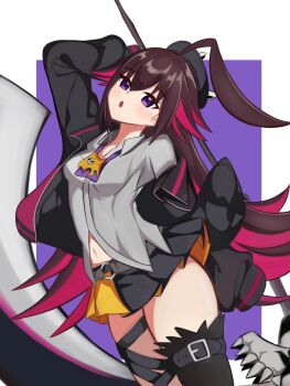 Rule 34 | 1girl, :o, ahoge, belt, black hat, black jacket, black skirt, brown hair, commentary request, dapiko (duel masters), dasimaki001, duel masters, duel masters play's, grey shirt, hat, highres, holding, holding scythe, huge ahoge, jacket, long hair, midriff, multicolored hair, multicolored skirt, navel, open clothes, open jacket, orange skirt, pink hair, purple eyes, scythe, shirt, skirt, sleeves past fingers, sleeves past wrists, solo, thigh belt, thigh strap