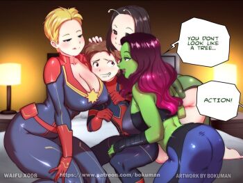 1boy 3girls age_difference antennae artist_name ass assertive_female avengers:_endgame avengers_(series) back bandages bare_shoulders bed black_eyes black_hair blonde_hair blue_eyes blush bodysuit bokuman breast_press breast_rest breasts breasts_on_head brown_hair captain_marvel carol_danvers cleavage collarbone colored_skin covered_erect_nipples curvy dress english_text from_behind gamora green_dress green_skin grin half-closed_eyes hand_on_another&#039;s_crotch hand_on_another&#039;s_head hand_on_another&#039;s_shoulder harem imminent_penetration indoors lamp large_breasts licking_lips long_hair mantis_(marvel) marvel marvel mature_female multicolored_hair multiple_girls nervous nervous_smile no_panties open_mouth pants peter_parker pink_hair sexually_suggestive shiny_clothes shiny_skin sitting size_difference smile speech_bubble spider-man tank_top text_focus thighs tongue tongue_out two-tone_hair watermark web_address you_gonna_get_raped